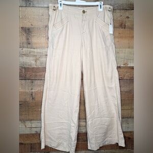 Anthropologie Linen Blend Wide Leg Flare Pants Sz 12 Light Tan Cream Neutral